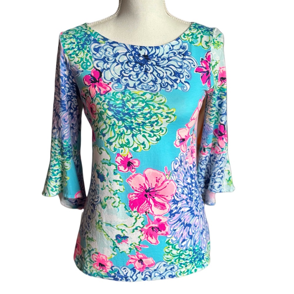 Lilly Pulitzer 3/4 Fluted Sleeve Floral Fontaine Top Women’s Size XS